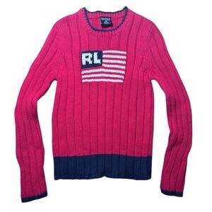 Vintage Ralph Lauren Polo jeans company Cable Knit USA Flag Sweater Size Medium